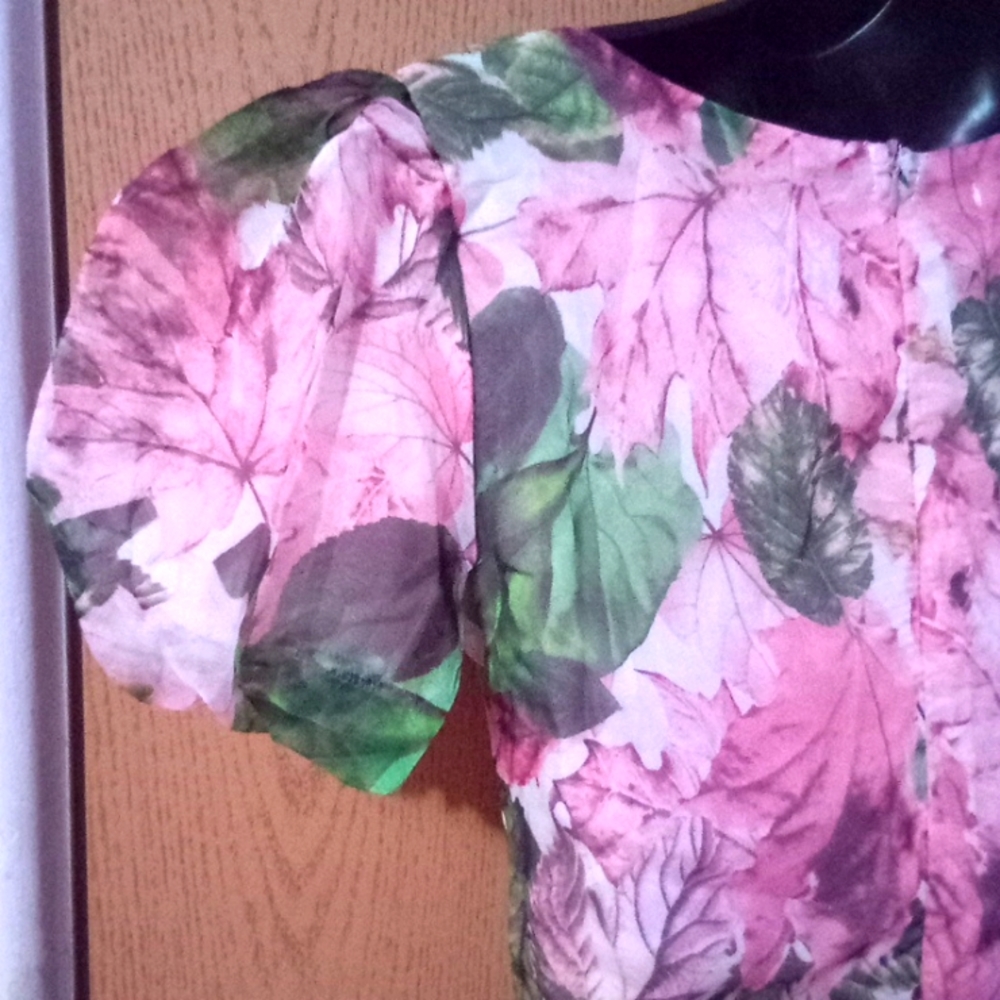 Floral Puff Sleeve‎ Mini Dress Pink Green Sweetheart Neck Ruffle Hem Tiered L - Picture 7 of 10